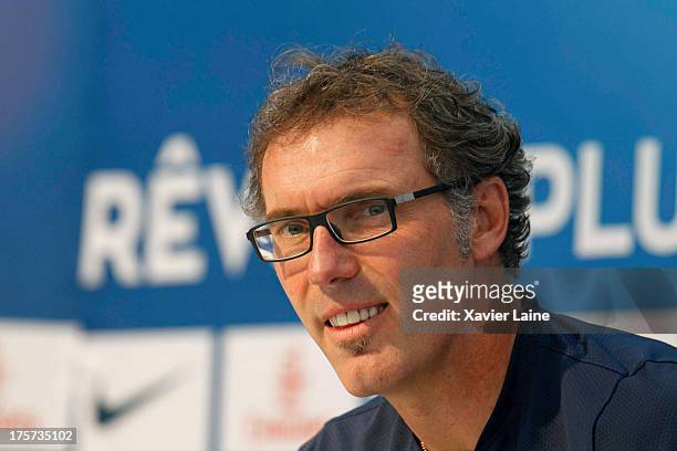 Head coach Laurent Blanc of Paris Saint-Germain speaks during a press conference at Clairefontaine training center on August 07, 2013 in...