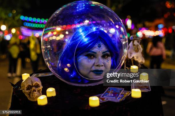 West Hollywood, CA, Tuesday, October 31, 2023 - Daisy Cobos dressed as "Madame Leota," the witch from Disneyland's Haunted Mansion ride. After a...