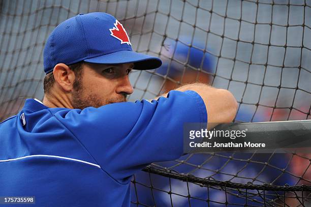 Mark DeRosa of the Toronto Blue Jays on the field before a game against the Los Angeles Angels of Anaheim at Angel Stadium of Anaheim on August 2,...