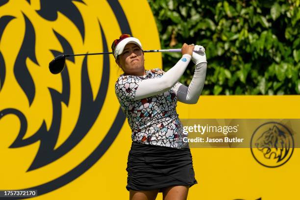 Jasmine Suwannapura of Thailand tees off on hole 5 during the first round of the Maybank Championship at Kuala Lumpur Golf and Country Club on...