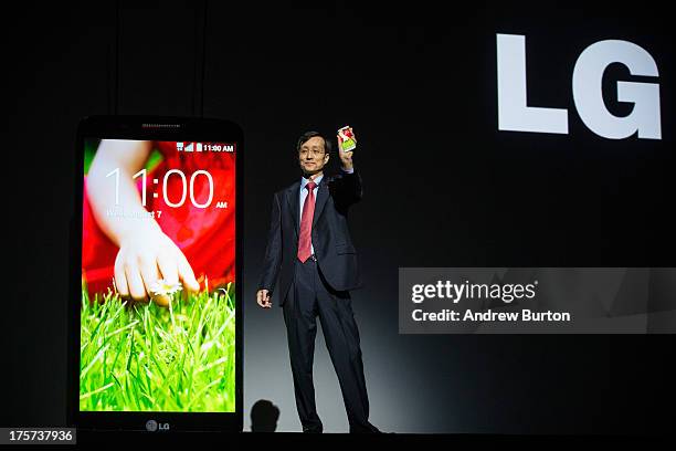 Jong-Seok Park, Executive Vice President and CEO of LG Mobile Communications, introduces the LG G2 smart phone on August 7, 2013 in New York City....