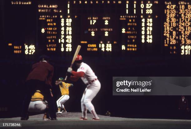 Overall view of Oakland Athletics Jim "Catfish" Hunter in action, pitching to Gene Tenace vs Chicago White Sox Carlos May at Comiskey Park. View of...