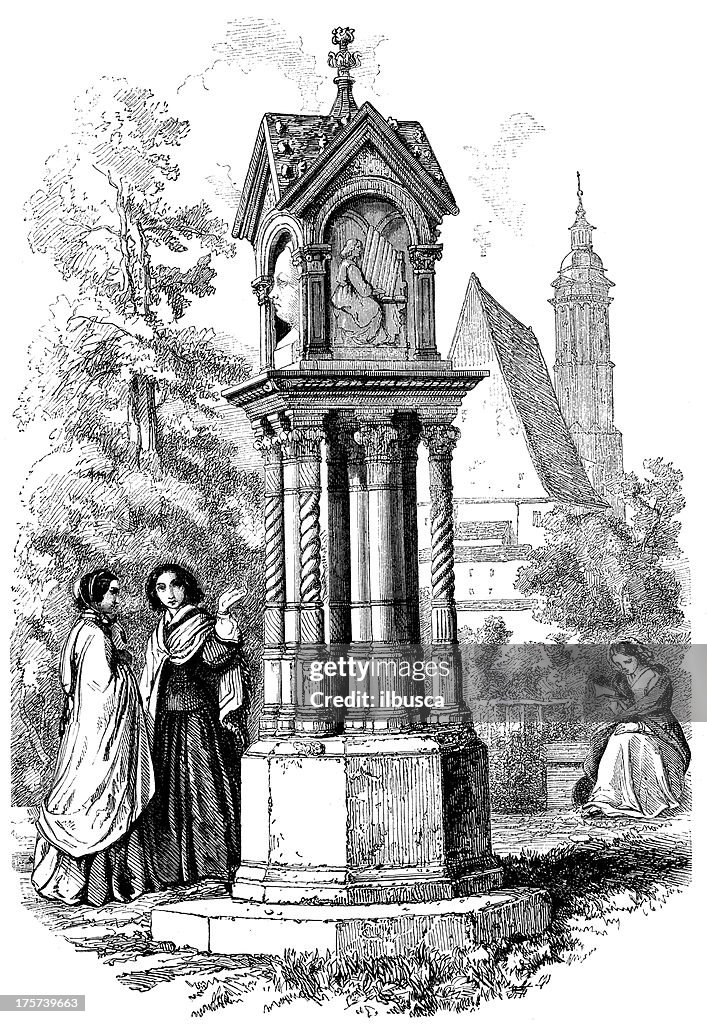 Antique illustration of Johann Sebastian Bach monument in Leipzig
