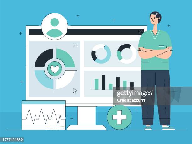 healthcare data and statistics flat design illustration - electronic medical record stock illustrations