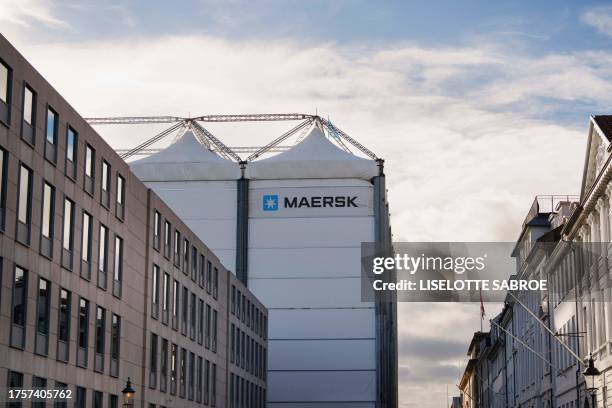 Tent covers the construction of the shipping company Maersk's expansion of its headquarters in Copenhagen Habour, Denmark, on October 31, 2023. /...