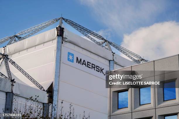 Tent covers the construction of the shipping company Maersk's expansion of its headquarters in Copenhagen Habour, Denmark, on October 31, 2023. /...