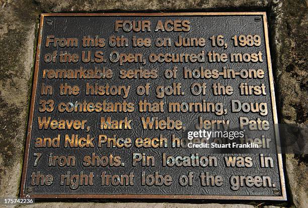 Plaque on the sixth hole to commemorate the four aces on the 6th hole during the 1989 US Open at Oak Hill as seen during a practice round prior to...