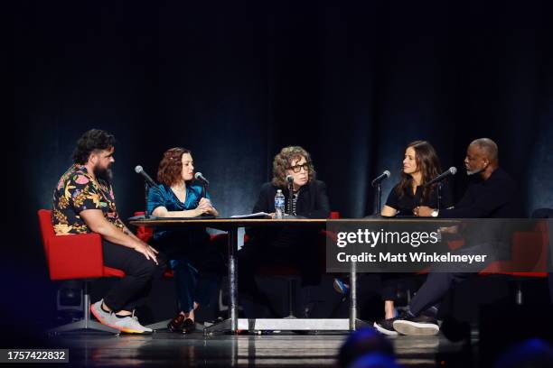 Jon Gabrus, Rachel Bloom, Lily Tomlin, Andrea Savage and LeVar Burton speak onstage during The Give Back-ular Spectacular! fundraiser in partnership...