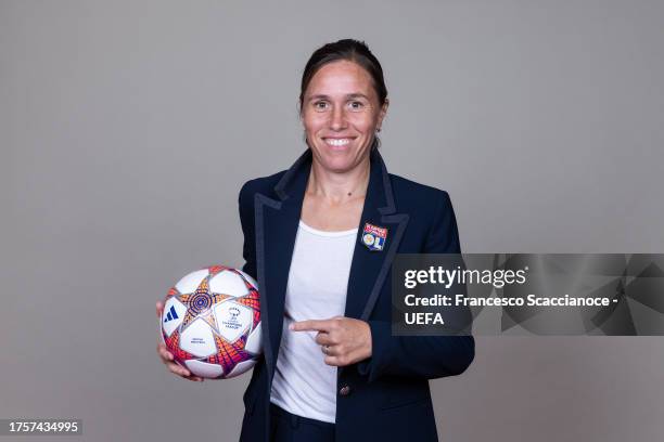 Camille Abily, Assistant Coach of Olympique Lyonnais poses for a portrait during the UEFA Women's Champions League Official Portraits shoot on...