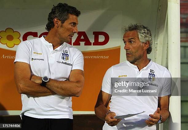 Parma FC manager Roberto Donadoni and Luca Gotti before the pre-season tournament between Parma FC, AS Livorno and AC Perugia at Stadio Curi on...