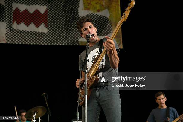 Bassist Sergio Anello of The Early November performs onstage during the 2013 Van Warped Tour at Riverbend Music Center on July 30, 2013 in...