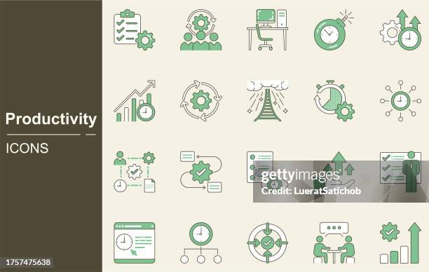 stockillustraties, clipart, cartoons en iconen met productivity icon set.clock, success, efficiency, task, focus, multitasking, workflow, growth, routine, project management, automation, productive, time, management, work time, buffers, break, meeting - automate workflow icon