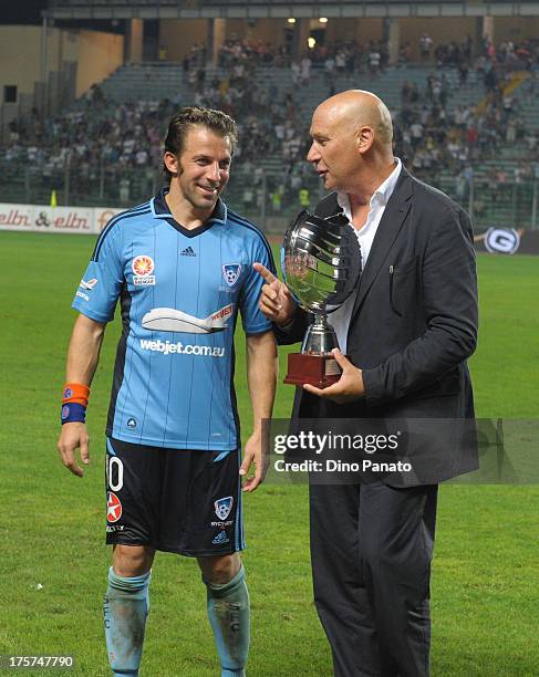 Alessandro Del Piero of Sydney FC receives a cup before the pre-season friendly match between Padova Calcio and Sydney FC at Stadio Euganeo on August...