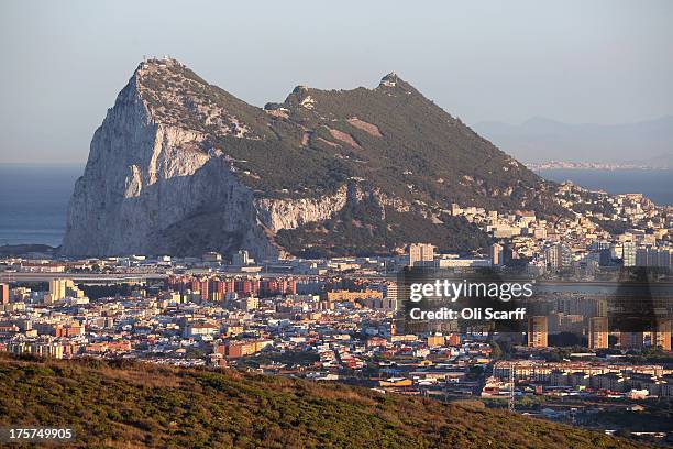 The Rock of Gibraltar at dusk on August 7, 2013 in San Roque, Spain. David Cameron and his Spanish counterpart, Mariano Rajoy, Mr Rajoy offered to...