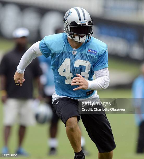 Carolina Panthers safety Haruki Nakamura closes in to make a tackle during training camp at Wofford College in Spartanburg, South Carolina, on...