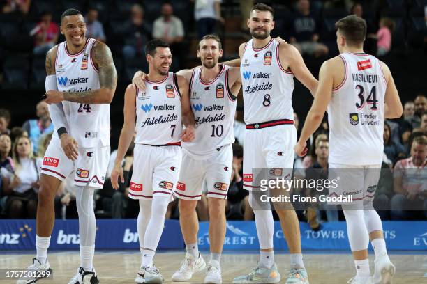 Adelaide 36ers celebrate the win during the round five NBL match between New Zealand Breakers and Adelaide 36ers at Spark Arena, on October 26 in...