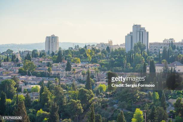 high angle view of and idyllic residential neighborhood in jerusalem west, israel - israel finance stock pictures, royalty-free photos & images