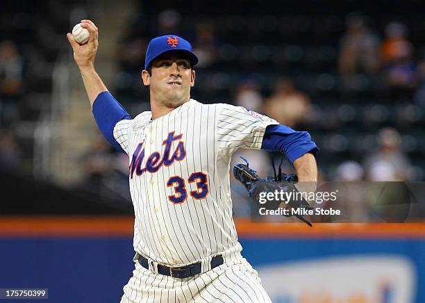 Matt Harvey of the New York Mets pitches in the first inning against the Colorado Rockies at Citi Field on August 7, 2013 at Citi Field in the...