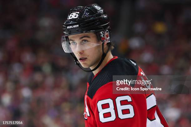 New Jersey Devils center Jack Hughes looks on during a game between the Minnesota Wild and New Jersey Devils on October 29, 2023 at Prudential Center...