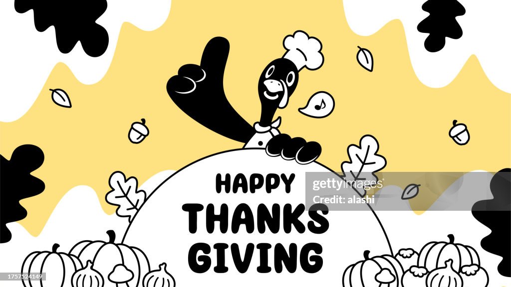 A Turkey Chef prepares many ingredients for a Thanksgiving meal and gives a thumbs-up, a monochrome design