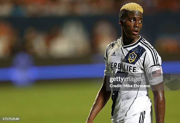 Gyasi Zardes of Los Angeles Galaxy looks on during the International Champions Cup Third Place Match against AC Milan at Sun Life Stadium on August...