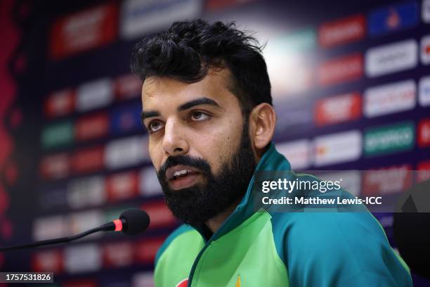 Shadab Khan of Pakistan talks to the media during the ICC Men's Cricket World Cup India 2023 Pakistan & South Africa Net Sessions at M. A....