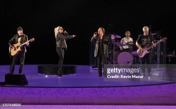 Lady Gaga , The Edge, Bono, Bram van den Berg, and Adam Clayton of U2 perform onstage at U2:UV Achtung Baby Live at Sphere on October 25, 2023 in Las...