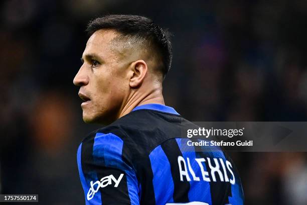 Alexis Sanchez of Internazionale FC reacts during the UEFA Champions League match between FC Internazionale and FC Salzburg at Stadio Giuseppe Meazza...