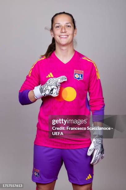 Laura Benkarth of Olympique Lyonnais poses for a portrait during the UEFA Women's Champions League Official Portraits shoot on October 17, 2023 in...