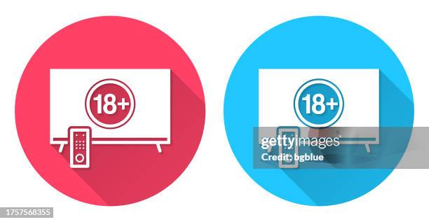 tv with eighteen plus sign (18+). round icon with long shadow on red or blue background - looking below stock illustrations