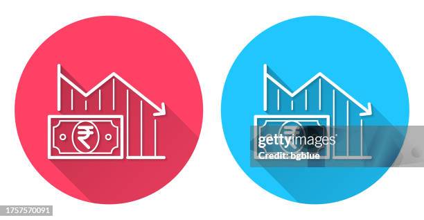 declining graph with indian rupee banknote. round icon with long shadow on red or blue background - decrease infographic stock illustrations