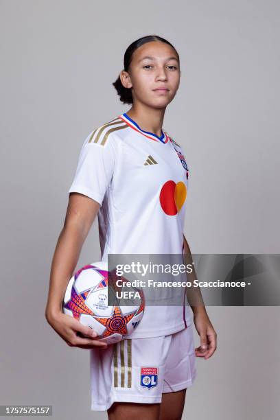 Maeline Mendy of Olympique Lyonnais poses for a portrait during the UEFA Women's Champions League Official Portraits shoot on October 17, 2023 in...