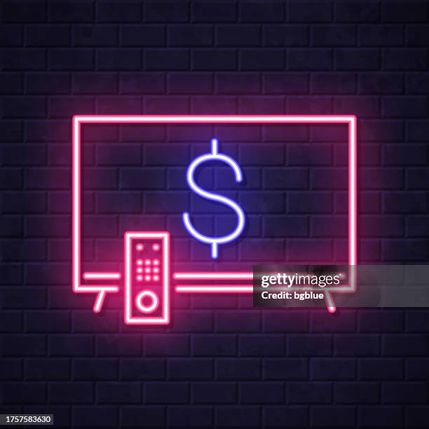 tv with dollar sign. glowing neon icon on brick wall background - glowing tv stock illustrations