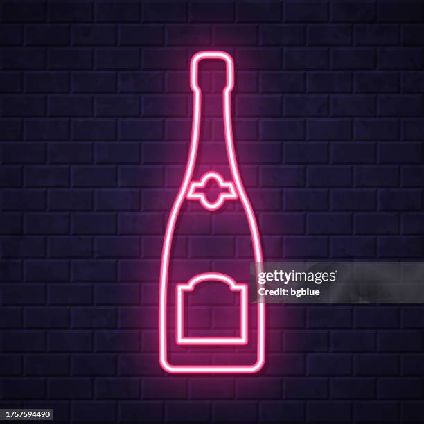 champagne bottle. glowing neon icon on brick wall background - champagne bottle outline stock illustrations