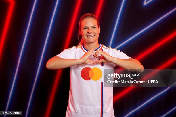 Eugenie Le Sommer of Olympique Lyonnais poses for a portrait during the UEFA Women's Champions League Official Portraits shoot on October 17, 2023 in...