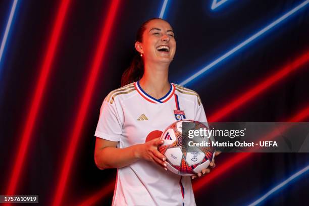 Sara Daebritz of Olympique Lyonnais poses for a portrait during the UEFA Women's Champions League Official Portraits shoot on October 17, 2023 in...