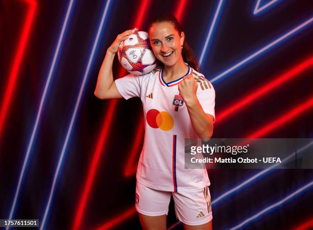 Sara Daebritz of Olympique Lyonnais poses for a portrait during the UEFA Women's Champions League Official Portraits shoot on October 17, 2023 in...