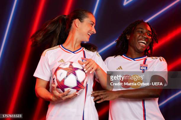 Melchie Dumornay and Sara Daebritz of Olympique Lyonnais pose for a portrait during the UEFA Women's Champions League Official Portraits shoot on...