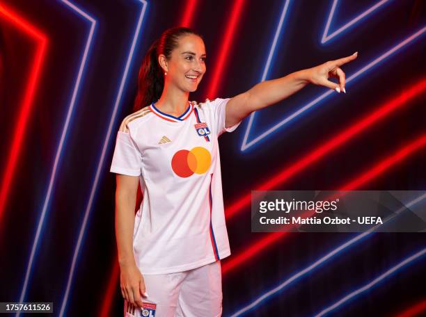 Sara Daebritz of Olympique Lyonnais poses for a portrait during the UEFA Women's Champions League Official Portraits shoot on October 17, 2023 in...