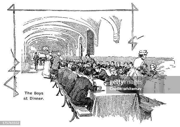 orphan boys from the foundling hospital eating their dinner - victorian orphan stock illustrations