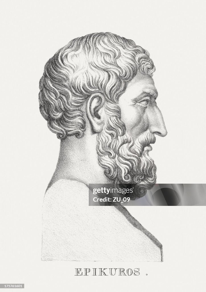 Bust illustration of Epicurus, a Greek philosopher, lithograph, published 1830