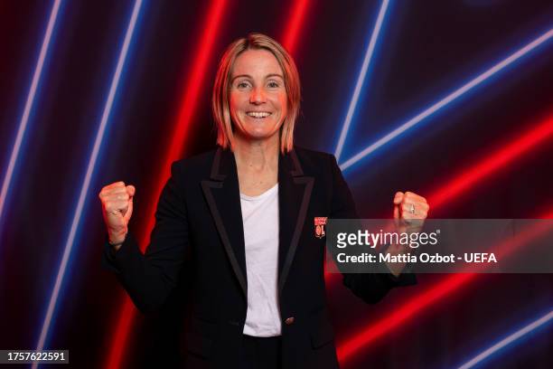 Sonia Bompastor, Head Coach of Olympique Lyonnais poses for a portrait during the UEFA Women's Champions League Official Portraits shoot on October...