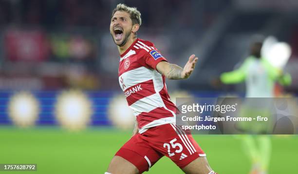 Matthias Zimmermann of Düsseldorf celebrates his goal to the 2:3 during the Second Bundesliga match between Fortuna Düsseldorf and 1. FC...