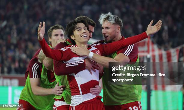 Ao Tanaka of Düsseldorf celebrates his goal to the 4:3 victory during the Second Bundesliga match between Fortuna Düsseldorf and 1. FC Kaiserslautern...