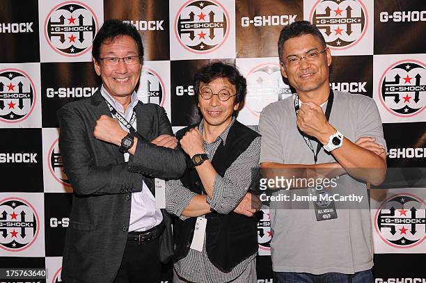 Yuichi Masuda, Kikuo Ibe and Shigenori Itoh attend G-Shock Shock The World 2013 at Basketball City on August 7, 2013 in New York City.