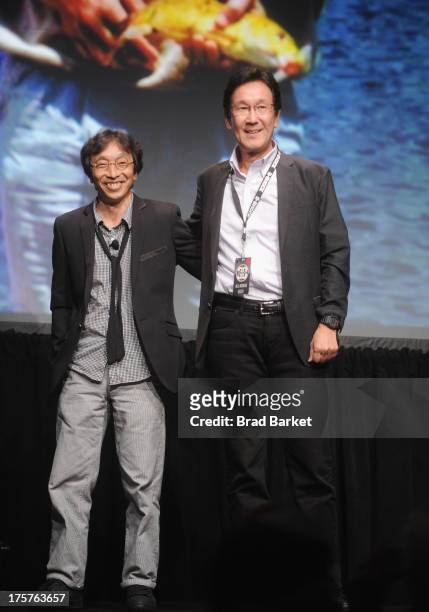 Creator of G-Shock Kikuo Ibe and creator of G-Shock Yuichi Masuda speak on stage at G-Shock Shock The World 2013 at Basketball City on August 7, 2013...