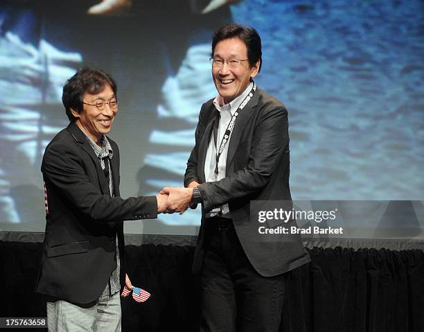 Creator of G-Shock Kikuo Ibe and creator of G-Shock Yuichi Masuda speak on stage at G-Shock Shock The World 2013 at Basketball City on August 7, 2013...