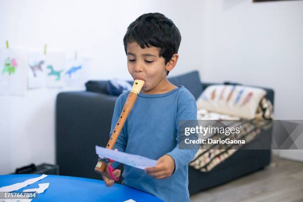 small child doing activities at home - flauta imagens e fotografias de stock