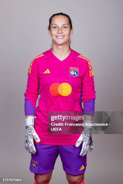 Laura Benkarth of Olympique Lyonnais poses for a portrait during the UEFA Women's Champions League Official Portraits shoot on October 17, 2023 in...