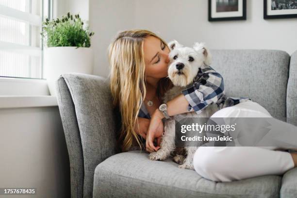 young woman playing with her dog at home - dogs kissing stock pictures, royalty-free photos & images